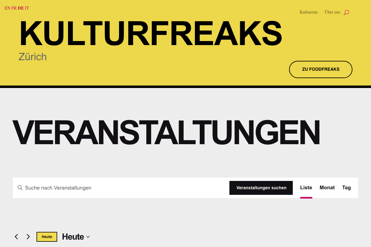 Screenshot der Startseite von KulturFreaks mit Zürcher Kulturveranstaltungen