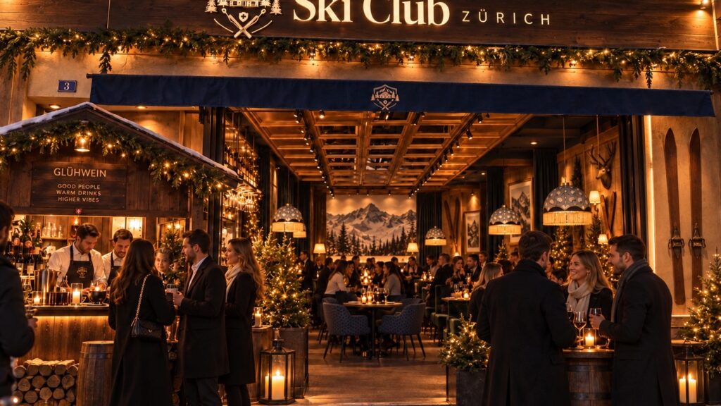 Festlich beleuchteter Eingang des Ski Club Zürich an der Mühlegasse